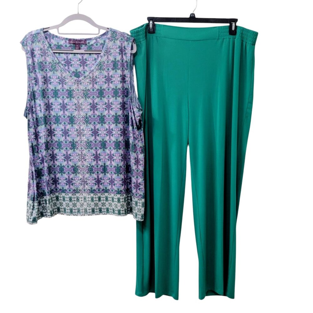 Iman/Gloria Vanderbilt 2-Piece Set – Tank Top & Pants, Size 2X, Green & Purple